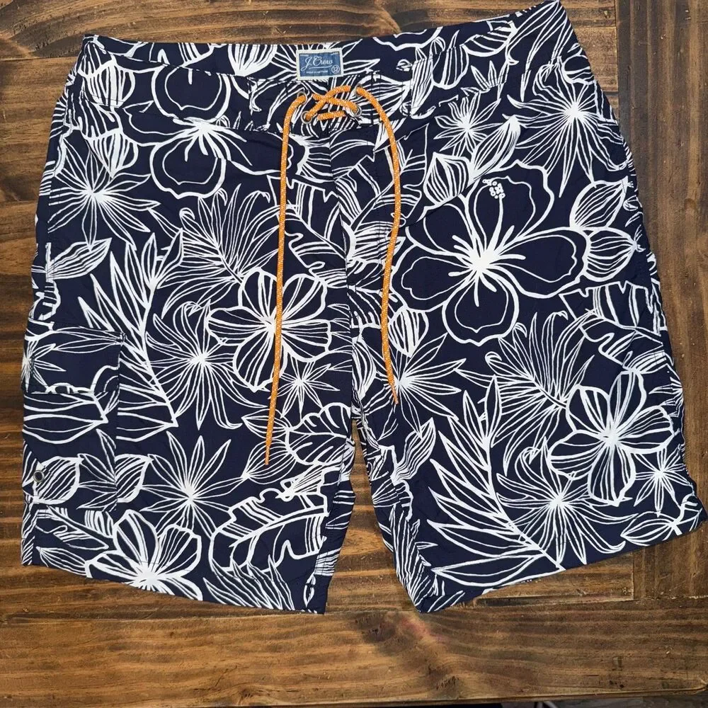 J.Crew Mens Board Shorts Swim Trunks Floral Hawaiian Mesh Lining Navy and White